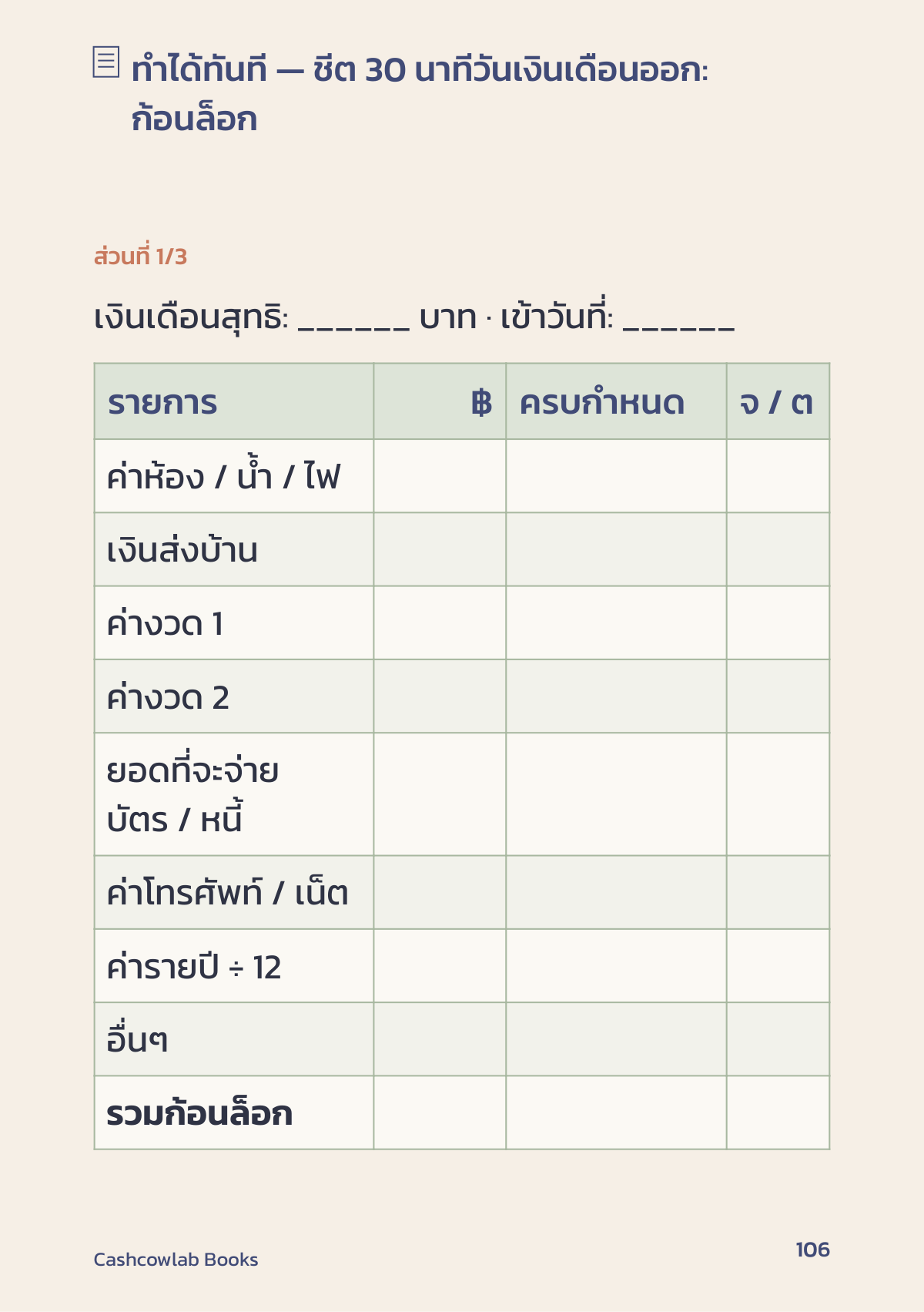 หน้า 106: ชีต 30 นาทีวันเงินเดือนออก ตารางก้อนล็อก